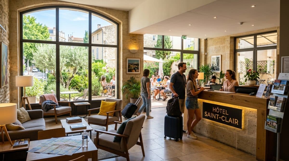 Illustration générée : Hôtel bureau – proche mer méditerranée – murs & fonds à vendre
