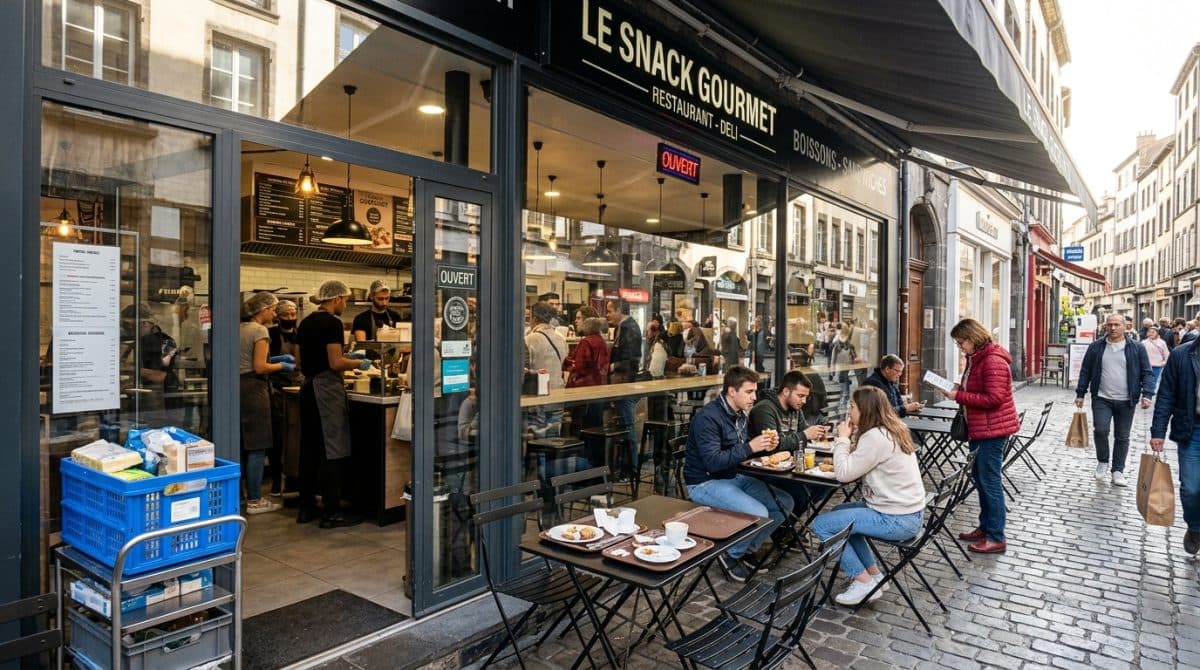 Illustration générée : Restauration rapide traiteur en emplacement n°1 à Clermont-Ferrand.