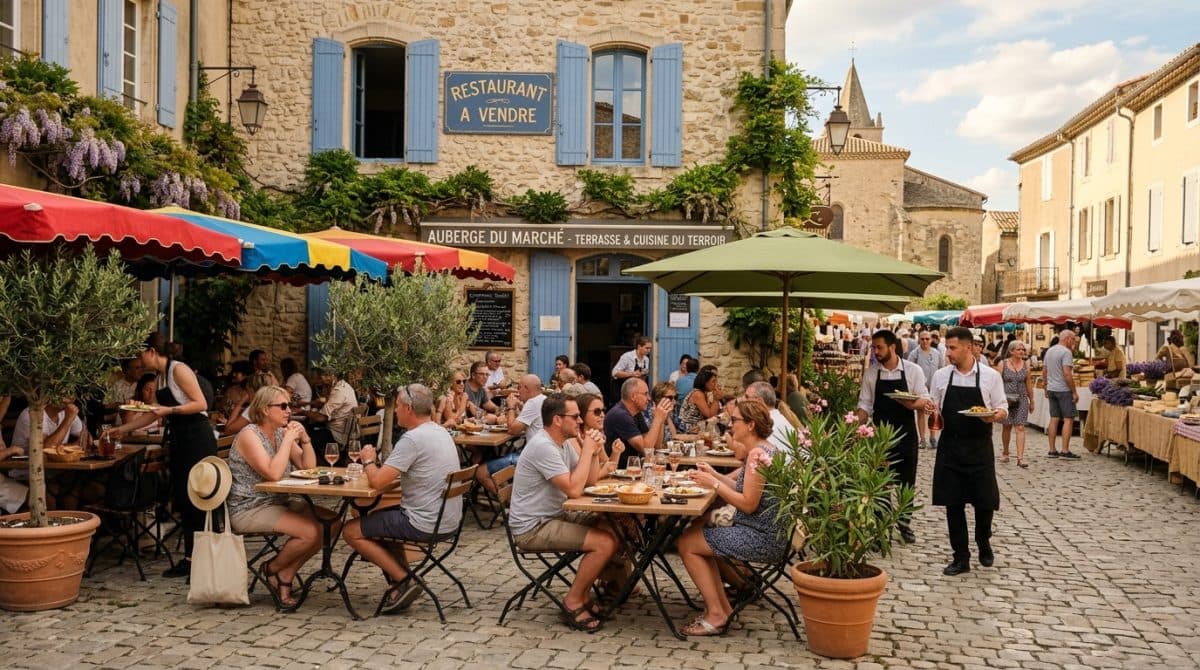 Illustration générée : Restaurant institution village médiéval gard 350 couverts