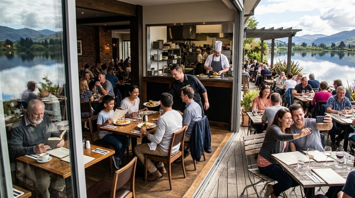 Illustration générée : Très bel Hotel restaurant avec vue sur lac