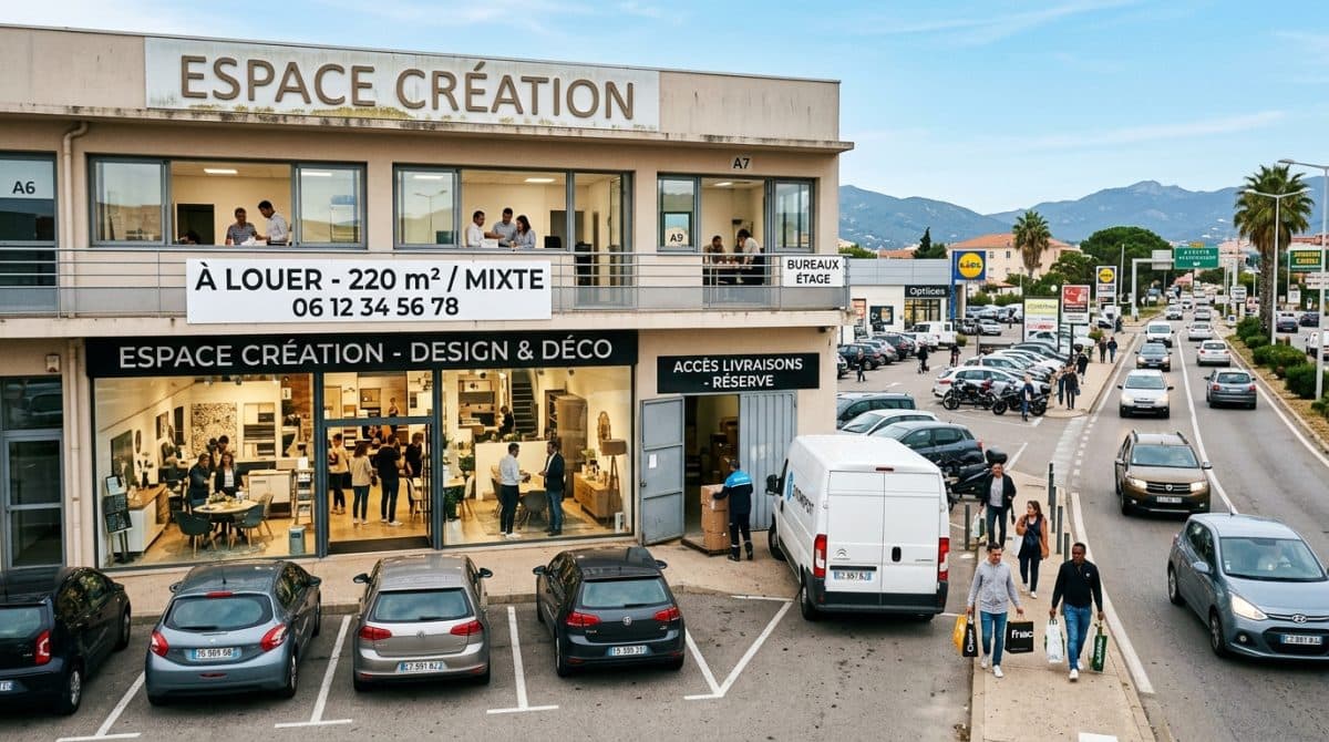 Illustration générée : À louer – Locaux mixtes 220 m² – Entrée de ville d’Ajaccio (Aspretto / Saint‑Joseph)
