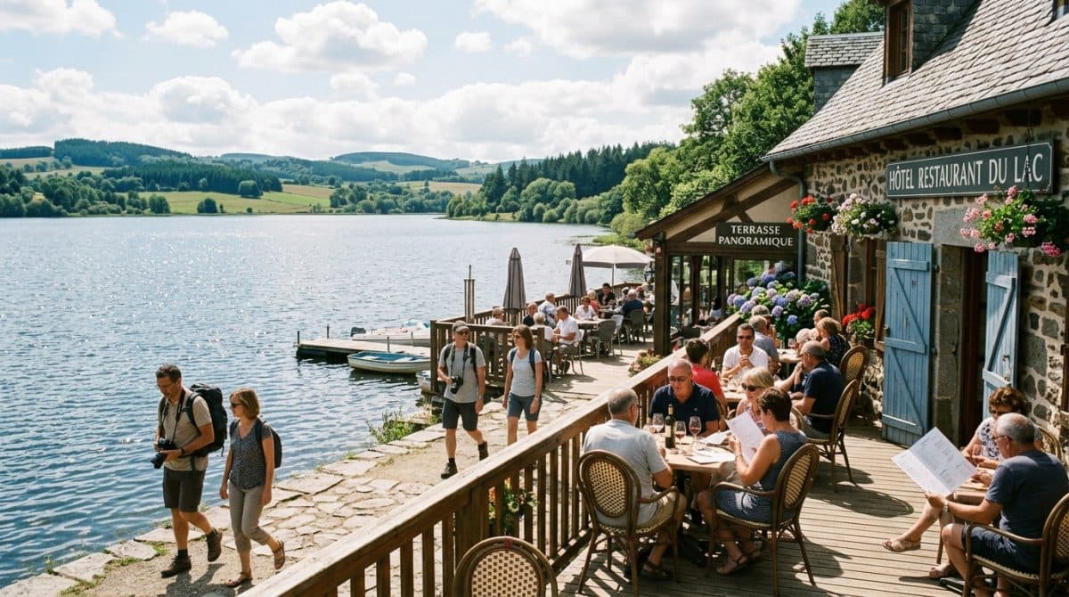 Illustration générée : A vendre un hôtel restaurant au bord d'un lac aux portes du cezallier