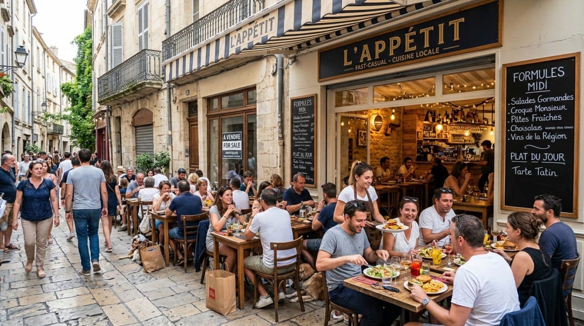 Illustration générée : Restaurant rapide centre historique montpellier terrasse forte affluence