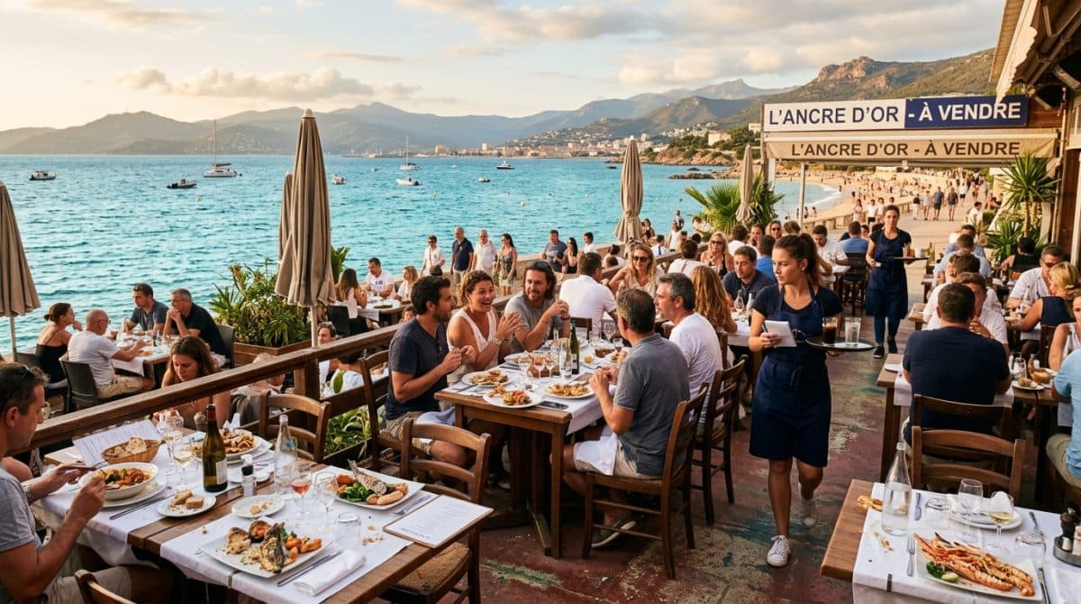 Illustration générée : Restaurant pieds dans l'eau a vendre corse du sud