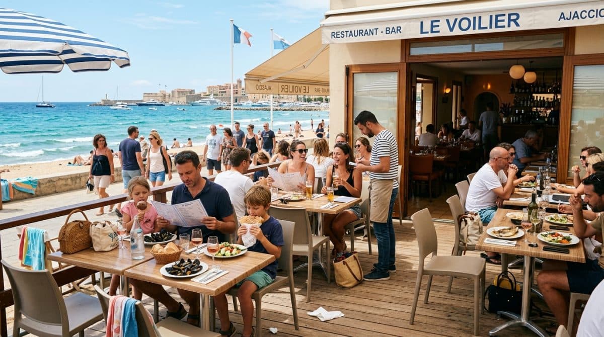 Illustration générée : Commerce de restauration pieds dans l'eau ajaccio