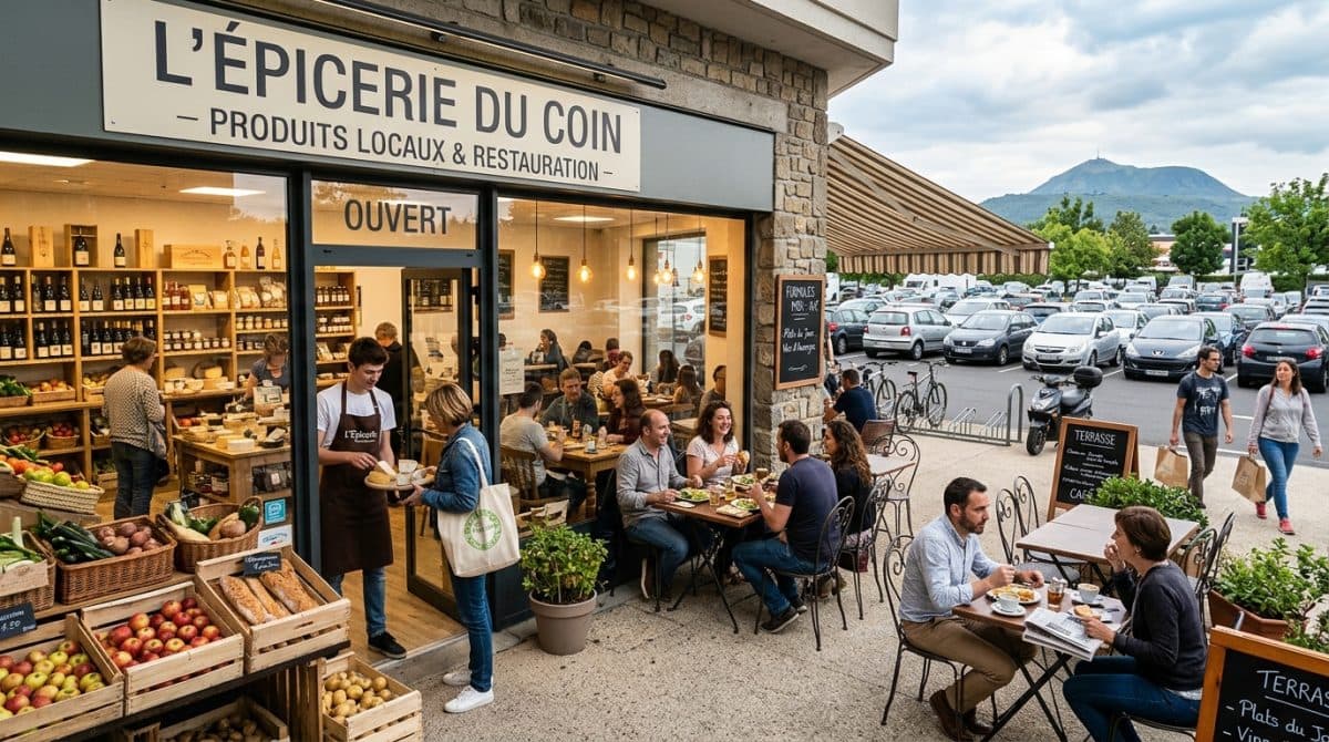 Illustration générée : Epicerie avec restauration du midi a vendre en zone commerciale proche de clermont ferrand