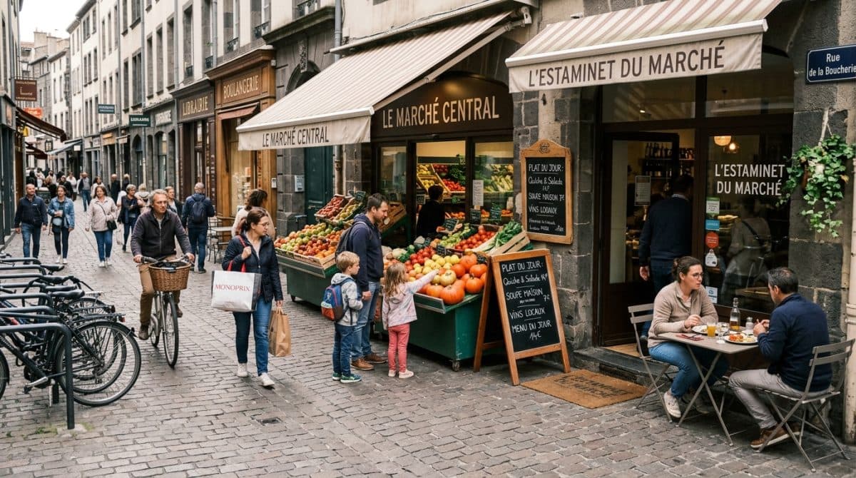 Illustration générée : Epicerie avec restauration dans l'hyper centre de Clermont-Ferrand.
