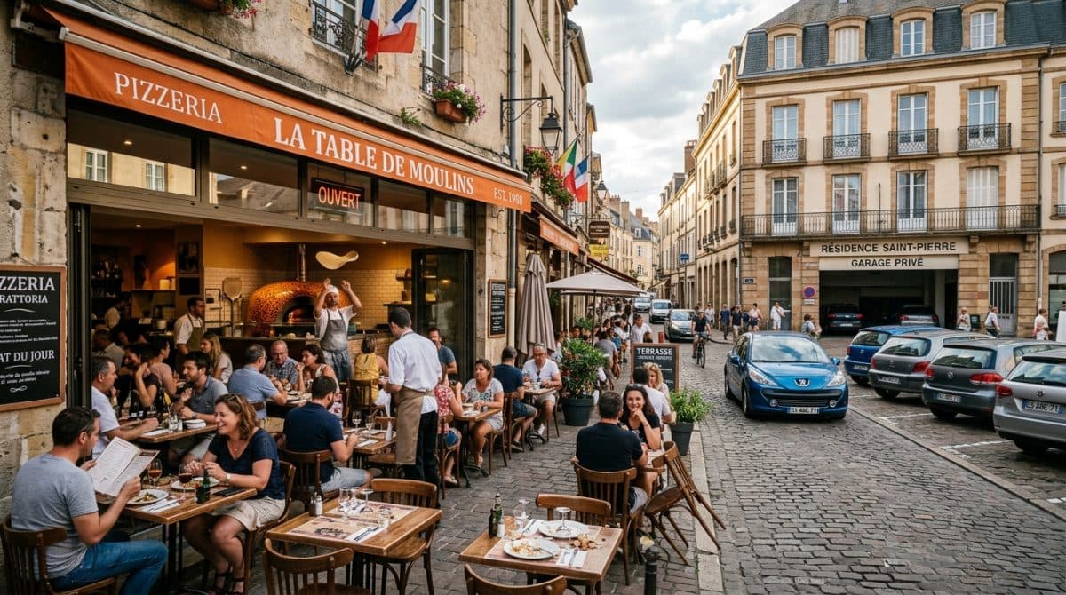 Illustration générée : Murs commerciaux pizzeria avec grande maison proche moulins