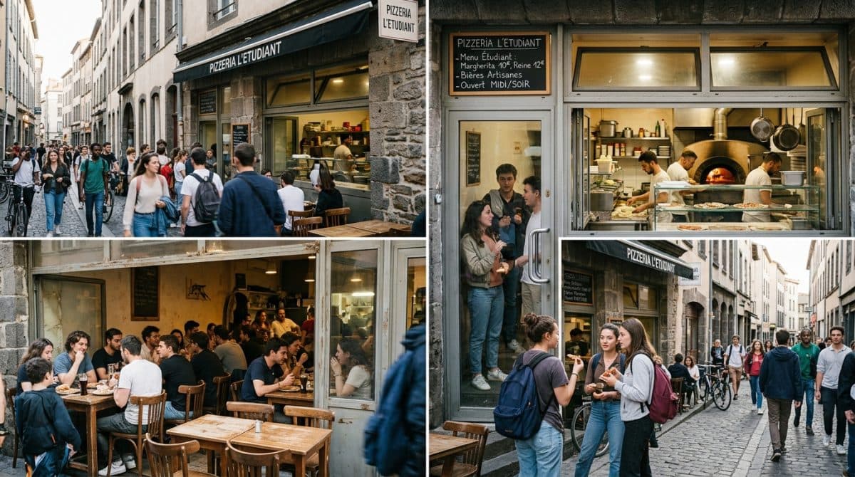Illustration générée : Pizza sur place et a emporter dans quartier étudiant